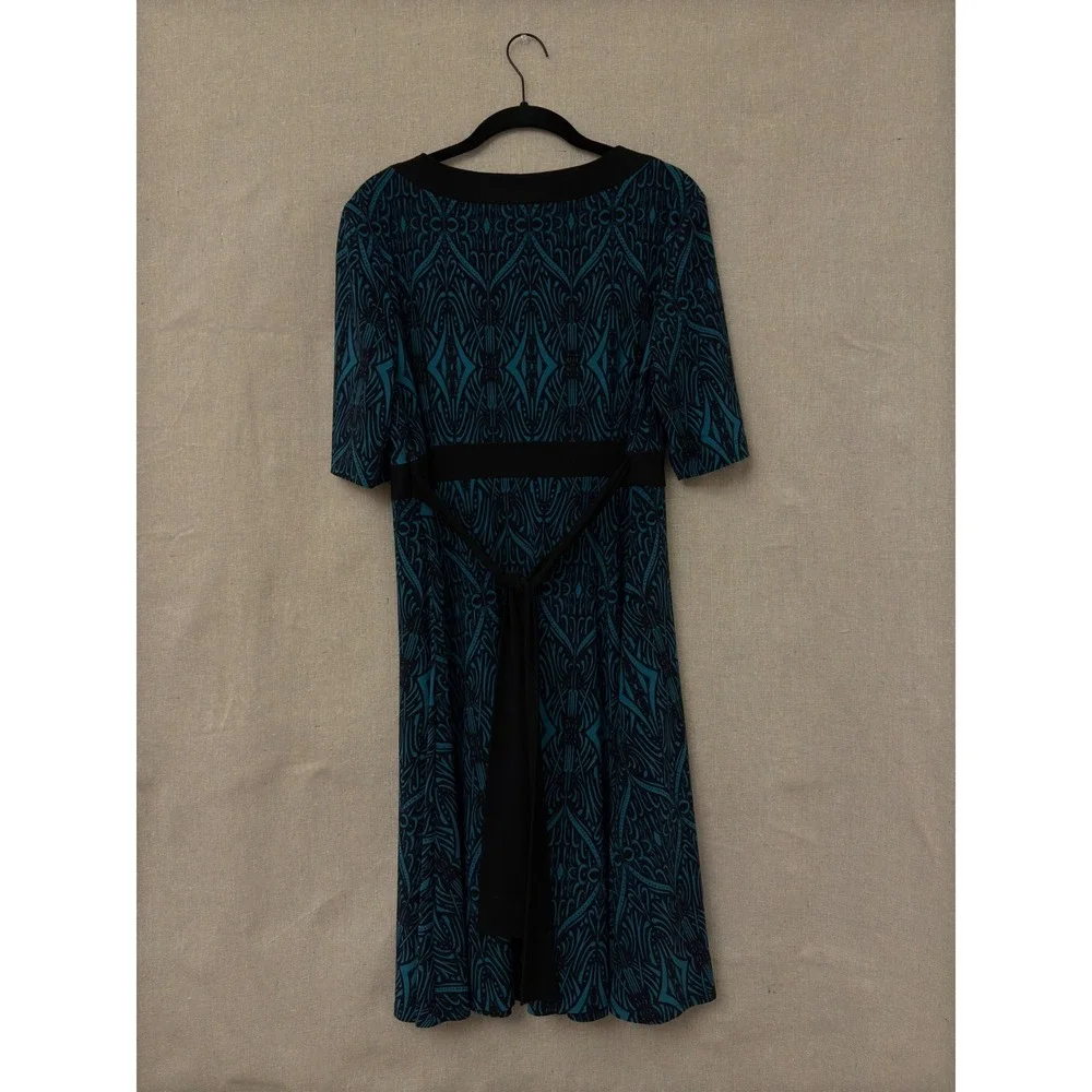 Evan-Picone Teal Black Geometric Faux Wrap Empire Waist Dress Womens 14 - Picture 2 of 5